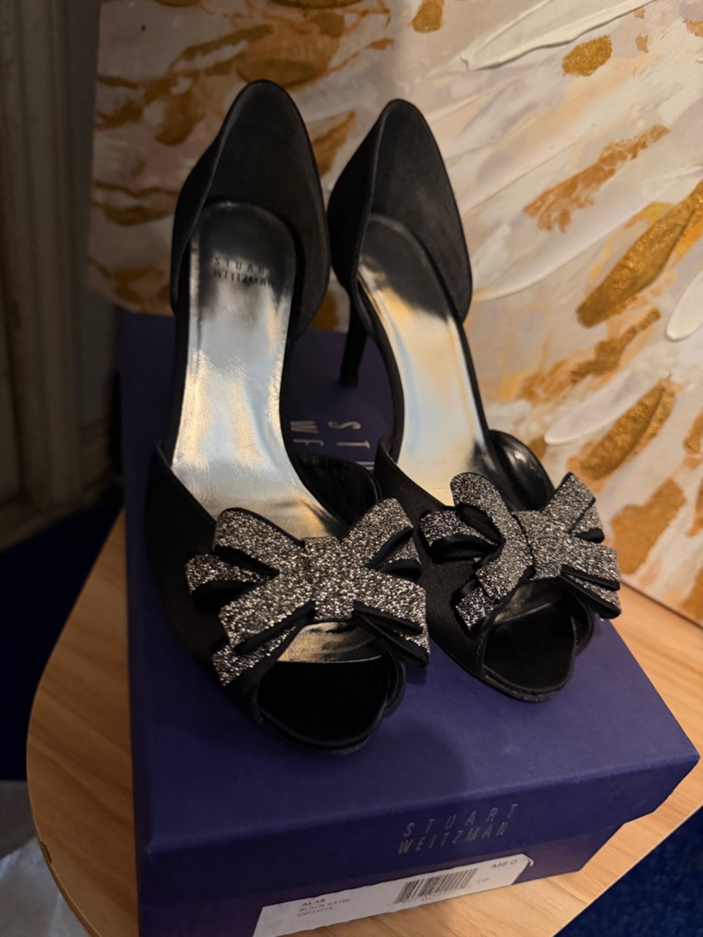 Stuart Weitzman Black Satin Peep-Toe Heels with Silver Glitter Bow